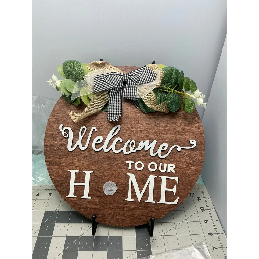 Interchangeable Welcome To Our Home Sign 12in Round Wood Farmhouse Door Decor